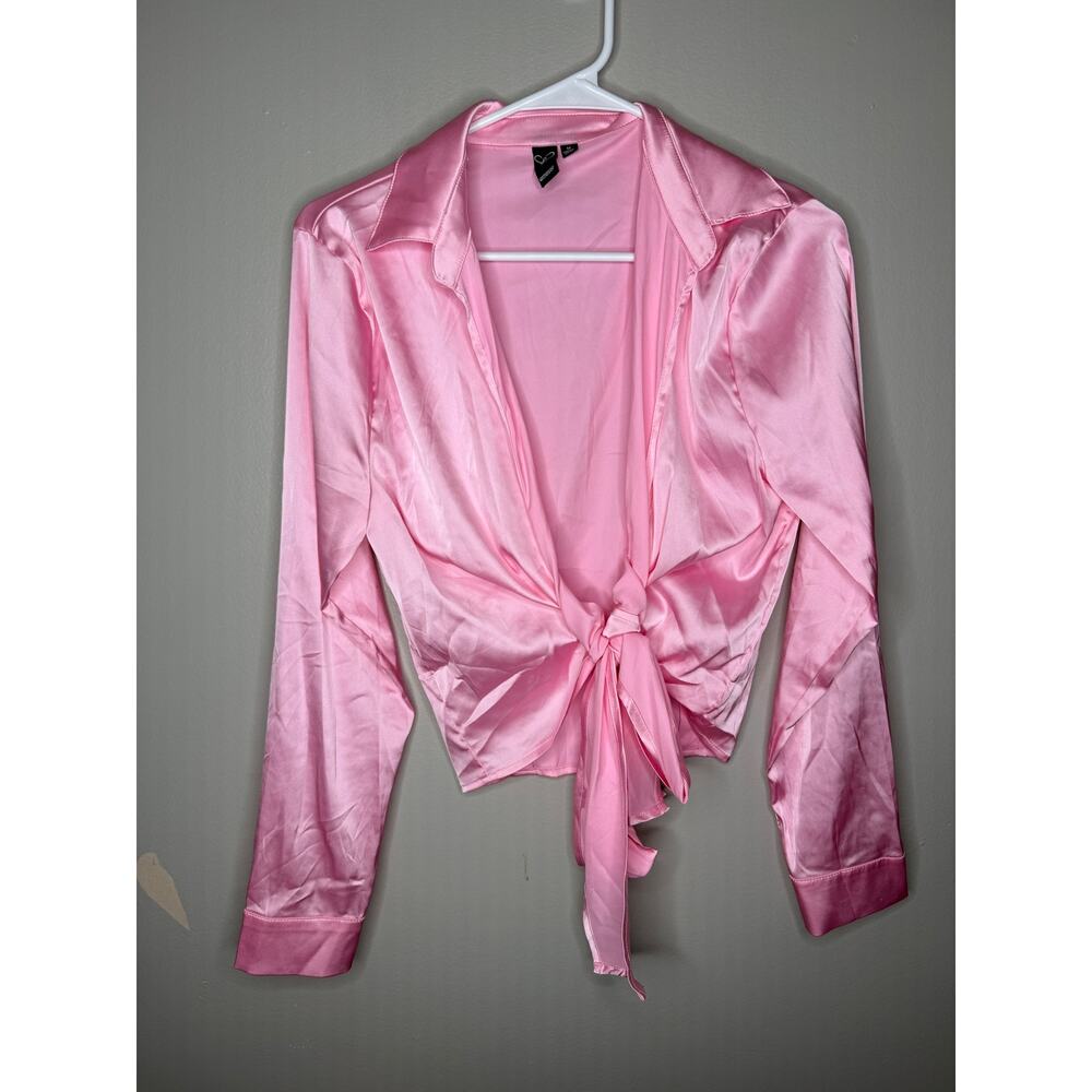 Pink Satin Tie-Front Blouse | Windsor | Y2K Inspired Going Out Top - Picture 3 of 6